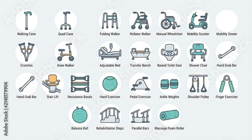 Healthcare Mobility Aids and Rehabilitation Equipment Collection Icons for Medical Services and Wellness Brands