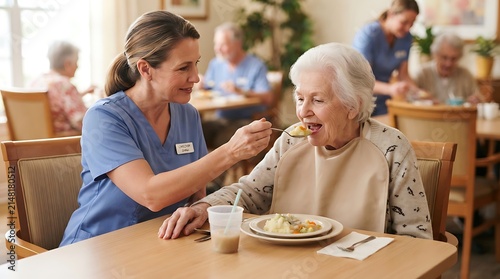Caring Nurse Feeding Elderly Woman in Assisted Living Dining Room, Senior Caregiver Support, Compassionate Healthcare Service