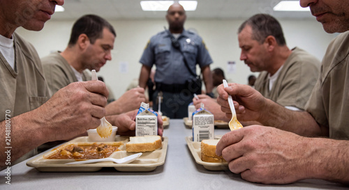 Inmates in orange uniforms eat lunch at a table inside a prison dining hall while guards supervise.
