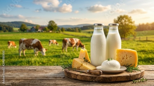 A wooden table with fresh dairy products, including milk and cheese, set before cows grazing in a green pasture.