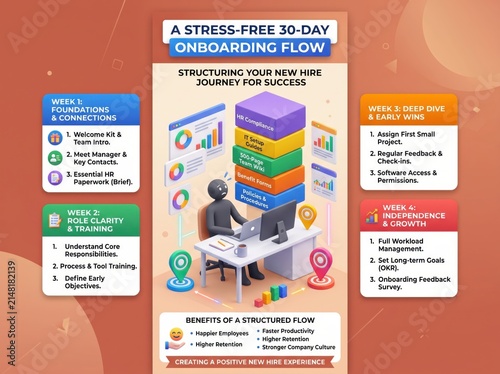 Employee onboarding flow infographic, 30-day new hire journey roadmap, corporate training process presentation template