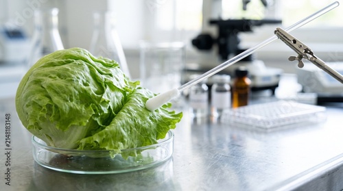 Sterile Swab Beside Iceberg Lettuce on Clinical Testing Surface for Foodborne Parasite Screening