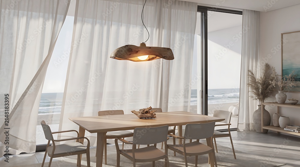 Fototapeta premium Modern dining room with ocean view and natural light.