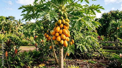 Ripe papaya fruit hanging on a tree in a sunny farm