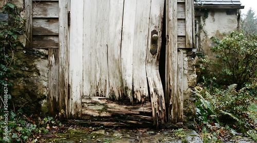 Weathered Wooden Door of Abandoned Rustic Cottage with Overgrown Garden, Vintage Texture for Rural Lifestyle Concepts