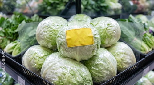 Iceberg Lettuce Wrapped in Clear Film with Blank Quarantine Sticker in Grocery Display