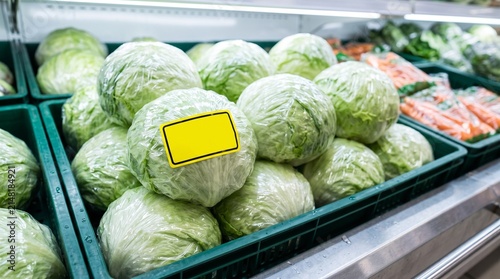 Iceberg Lettuce Wrapped in Clear Film with Blank Quarantine Sticker in Grocery Display
