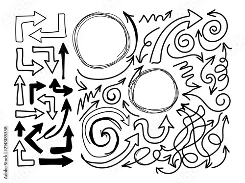 Set of hand drawn arrows and circles, doodle style design elements