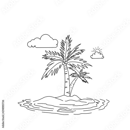 A simple black-and-white sketch of a small tropical island with two coconut trees, featuring basic elements like clouds, the sun, and ocean waves in a doodle style.