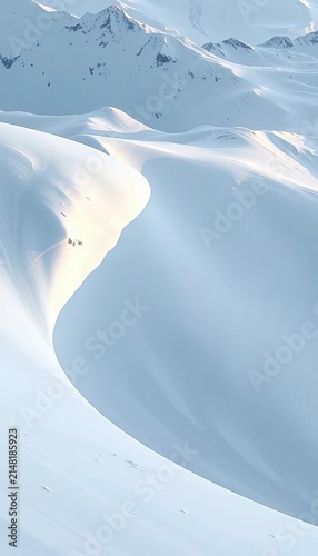 Sweeping curves carved into powdery snow mountain slope, frozen slopes, snowy peaks