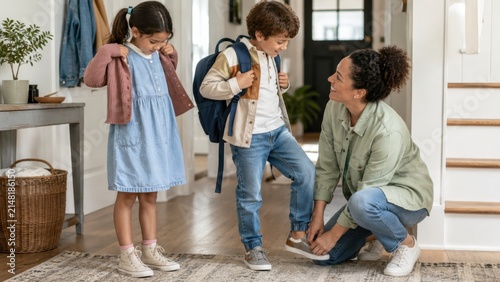 Mother helps son put on shoes while daughter stands nearby in a bright hallway with wooden stairs and a welcoming home interior