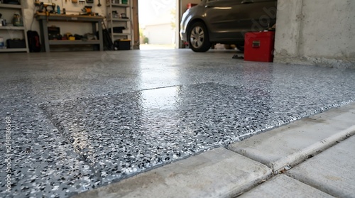 Polished Epoxy Garage Floor with Flake Finish, Modern Home Improvement, Durable and Stylish Interior Design