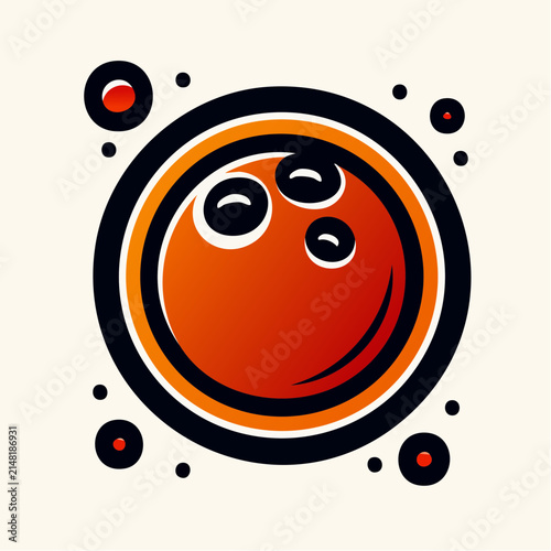 A stylized icon of a bowling ball with concentric rings and decorative dots in orange and black