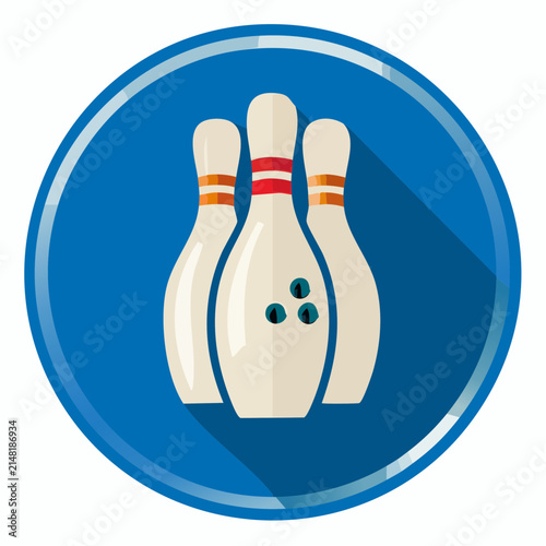 Round blue icon with three white bowling pins, featuring a flat design and long shadow style