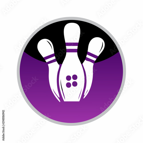 Vector illustration of white bowling pins inside a circular badge with purple and black background