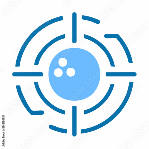 Blue bowling ball icon inside a target crosshair symbol isolated on white background
