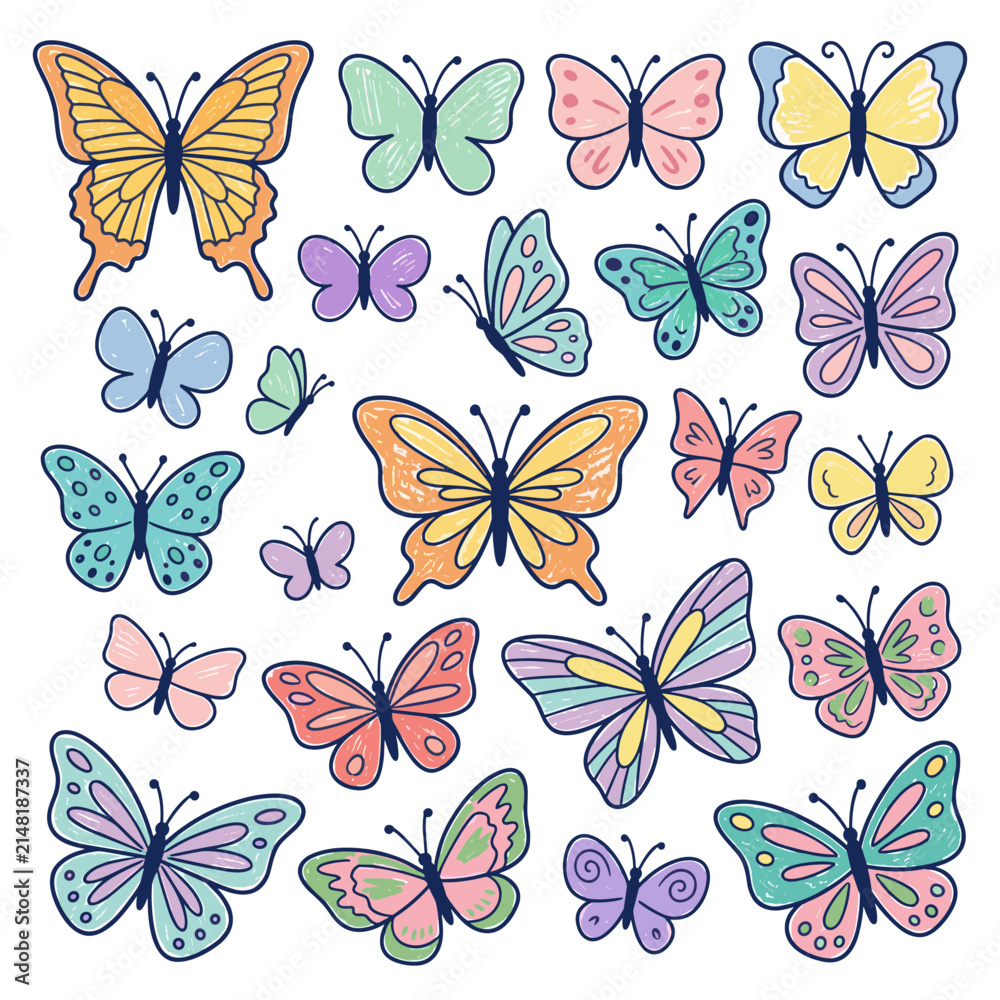 Obraz premium Detailed pastel butterfly assortment with elegant outlines and soft color palettes for art