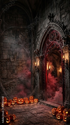 Spooky gothic castle interior with carved Halloween pumpkins glowing in dark stone room featuring red smoke and ancient stone arches