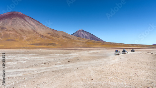 Off-road vehicles cross high altitude desert in Bolivia