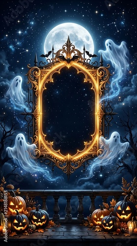 Spooky Halloween frame with ghosts and jack-o-lanterns under a glowing full moon night sky for festive seasonal celebration