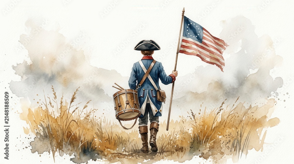 Obraz premium Colonial drummer boy in an old uniform holding a drum and US flag amidst a misty field watercolor painting.