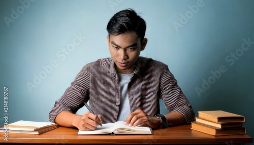 Focused Asian man studying and writing in a notebook.