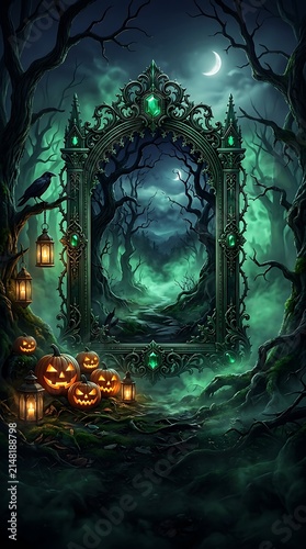 Spooky Halloween Gothic Mirror Portal with Glowing Pumpkins and Eerie Green Mist in Dark Forest