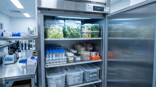 Open Laboratory Refrigerator with Sealed Lettuce Samples for Foodborne Outbreak Investigation