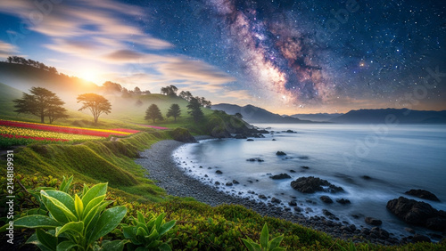 Milky Way Galaxy Over Coastal Sunrise and Spring Flower Meadows