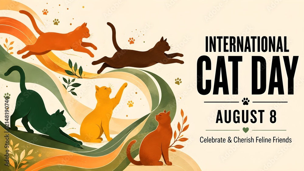 Fototapeta premium International cat day banner with stylized silhouettes of cats in various colors and poses, celebrating feline friends on august 8th