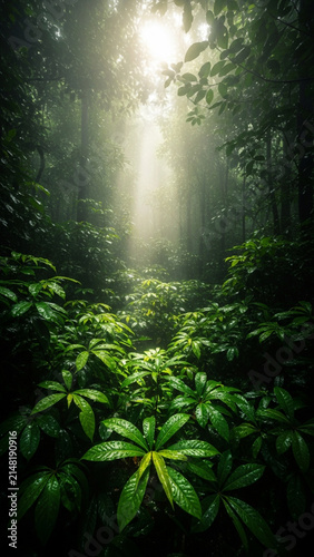 Sunlight Beaming Through Lush Tropical Rainforest Jungle Canopy