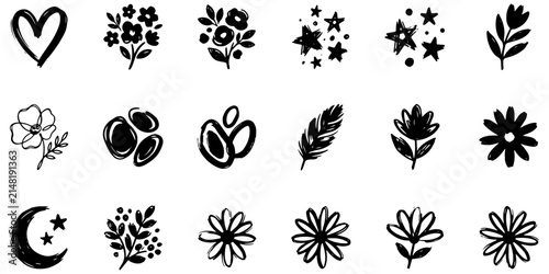 Hand Drawn Floral and Nature Doodle Icons Set—Ideal for Boho Stationery Design