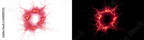 Red electric lightning forming a circular energy ring crackling intensely as isolated png with transparent background