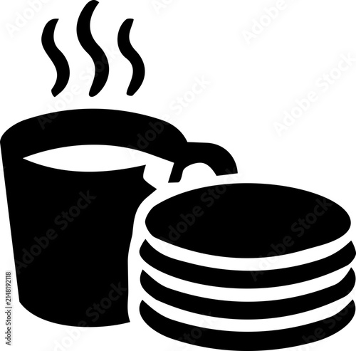 Stack of hot pancakes and steaming cup of coffee icon for National Pancake Day breakfast celebration concept