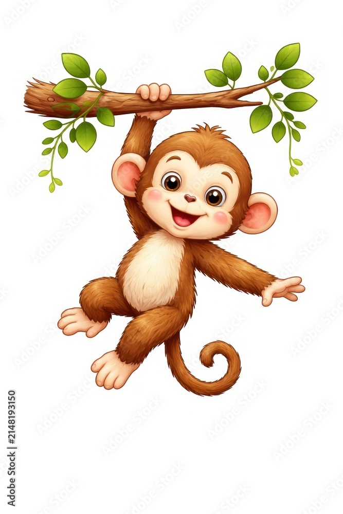 Obraz premium Cute cartoon monkey hanging from leafy tree branch