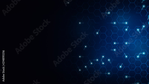 Abstract blue digital background featuring glowing nodes and hexagon patterns representing data connectivity and innovation