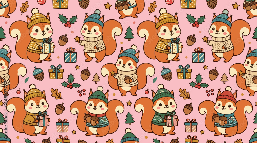 Fototapeta premium Seamless pattern with cute cartoon squirrels in winter outfits, holding festive gifts, acorns, and pinecones on a charming pink background