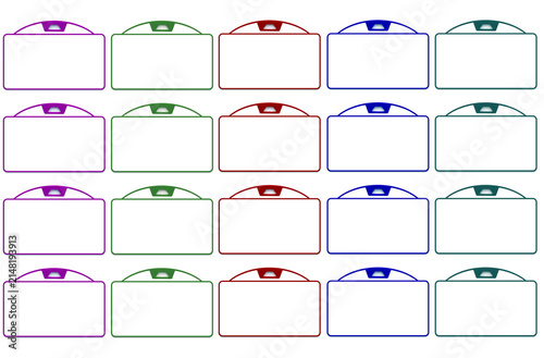 Blank label template with hole for printing. Printable sheet of blank name tags and badges with colored borders.