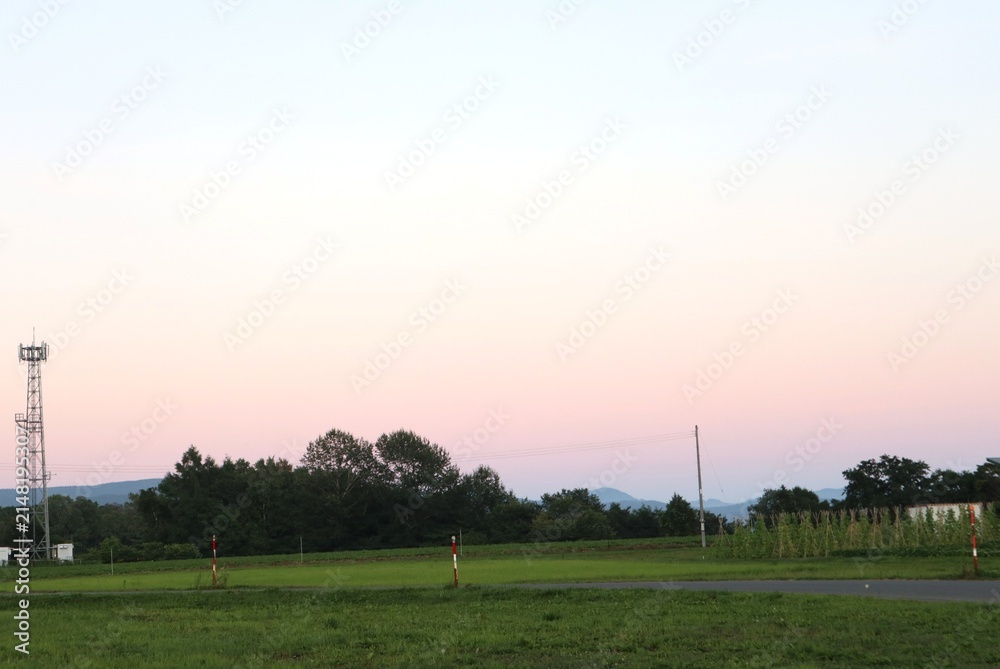Fototapeta premium 夕暮れ時の静かな田園風景と夕空