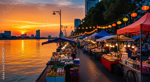 Vibrant Riverside Market at Sunset with Lanterns and Food Stalls
