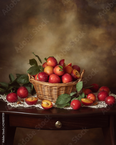Still-life. A photograph of ripe cherry plums in a basket.