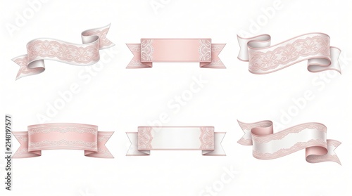 Pink and White Lace Ribbon Banners Set with Copy Space for Wedding Design