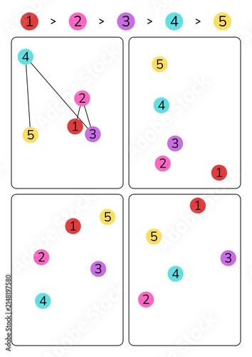 Educational puzzle worksheet for preschool kids with colorful circles and numbers.