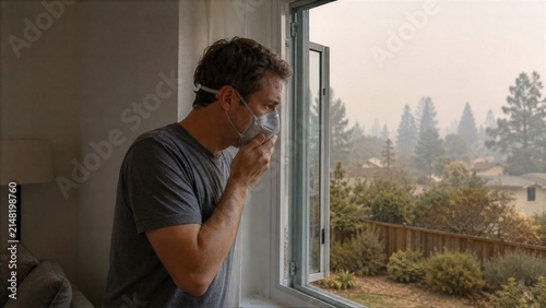 Worried Man Wearing N95 Respirator Mask Looking Out Window at Hazy Smog Filled Neighborhood