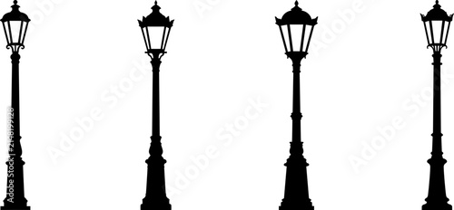 Vintage street lamp silhouettes set, classic urban lighting elements.
