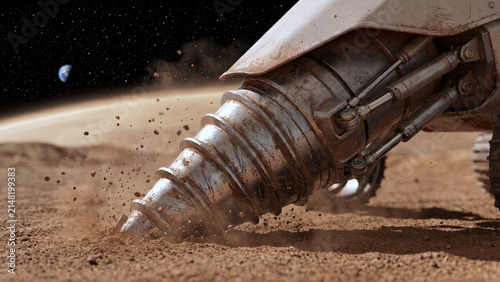 Massive futuristic drilling system performs extraction of valuable mineral resources on Martian surface. Industrial extraction technology, planetary exploration, innovation, resource development
