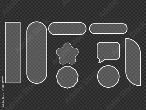 Set of glass morphism style buttons and frames with transparent effect