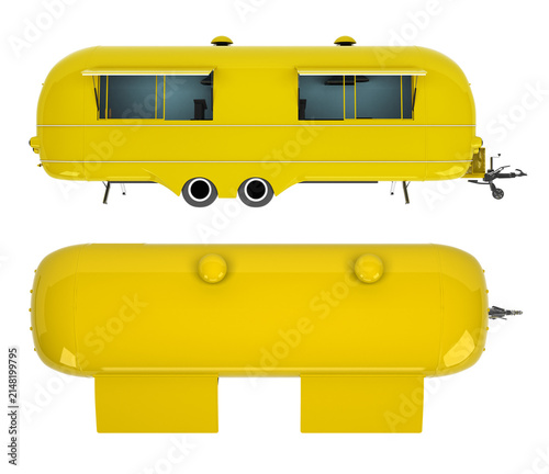 Yellow mobile food trailer with service windows presented in side and top views on white background, 3d rendering.