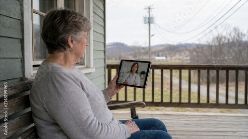 Senior Woman Sitting on Wooden Porch Having Telehealth Video Call With Doctor on Tablet