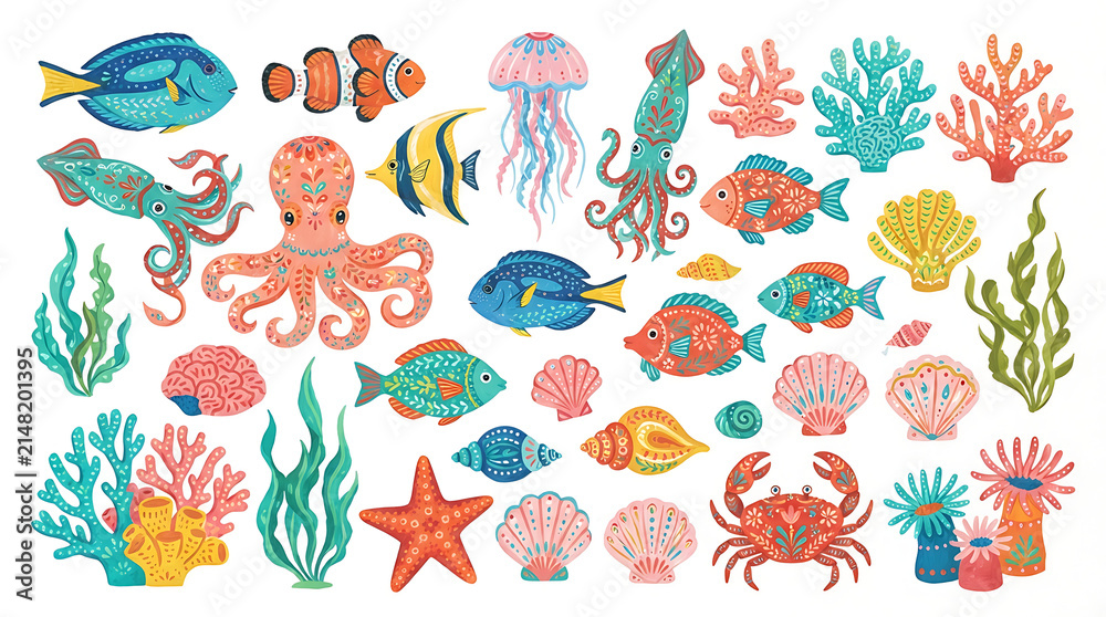 Obraz premium Colorful cartoon sea creatures and ocean life illustration set
